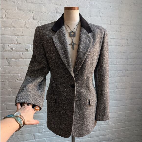 Vintage Gray Wool Blazer Tweed Herringbone Preppy Minimalist Velvet Jacket Large - Picture 7 of 10